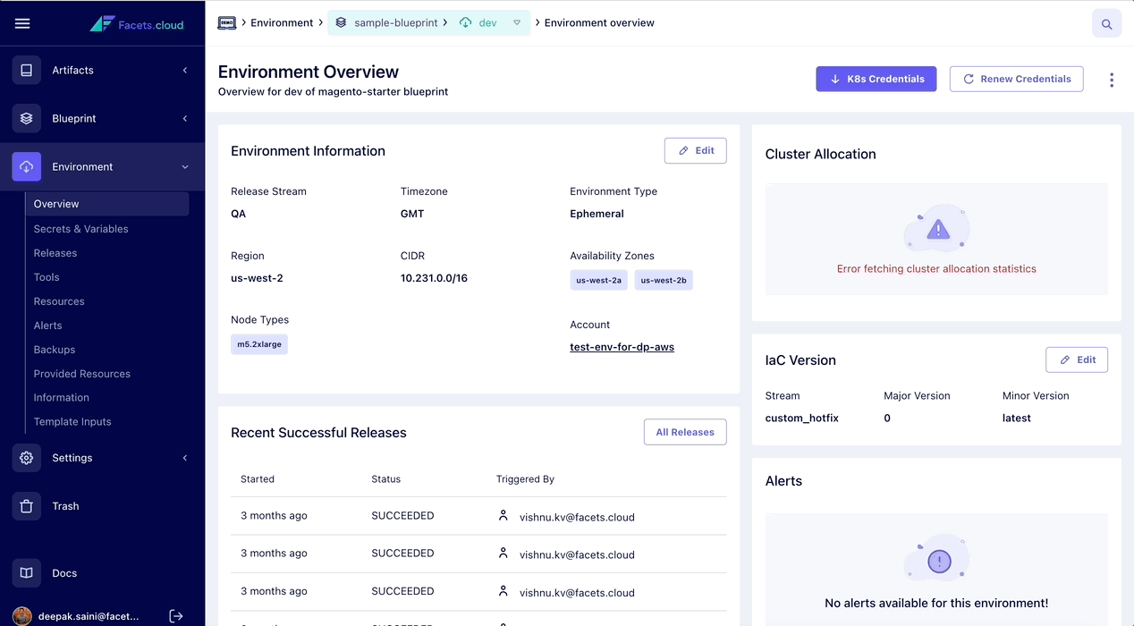 Dashboard view of Facets.cloud Environment Overview for QA with details on release stream, region, node types, and recent successful releases