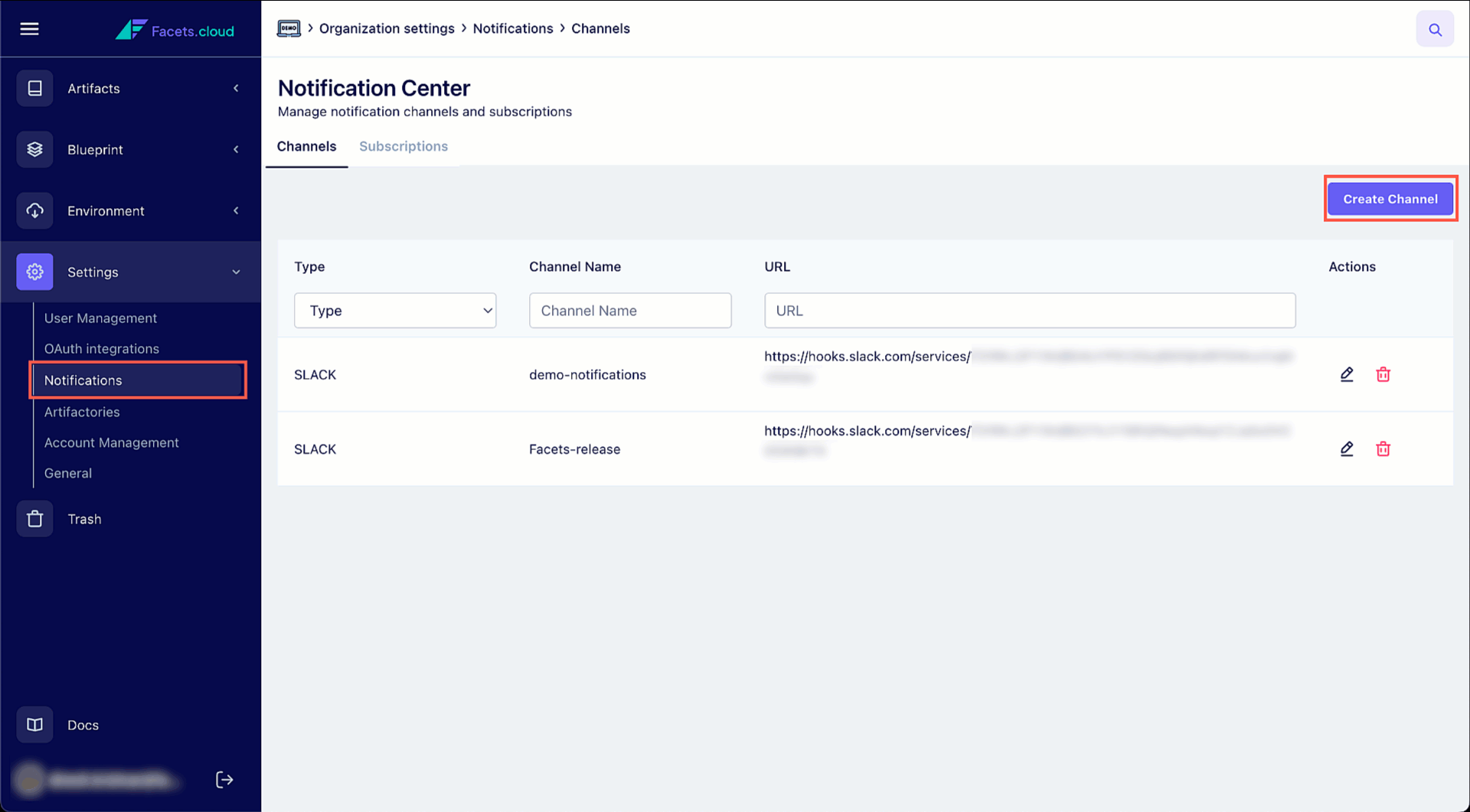 Screenshot of Facets.cloud Notification Center with highlighted Notifications tab and Create Channel button in the settings menu