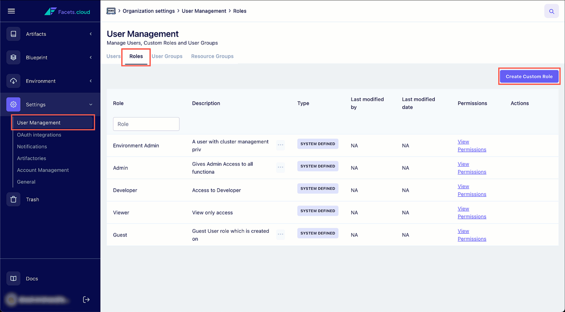 GIF of Facets.cloud User Management interface showing system-defined roles, a selected 'Roles' tab, and a 'Create Custom Role' button for customization.