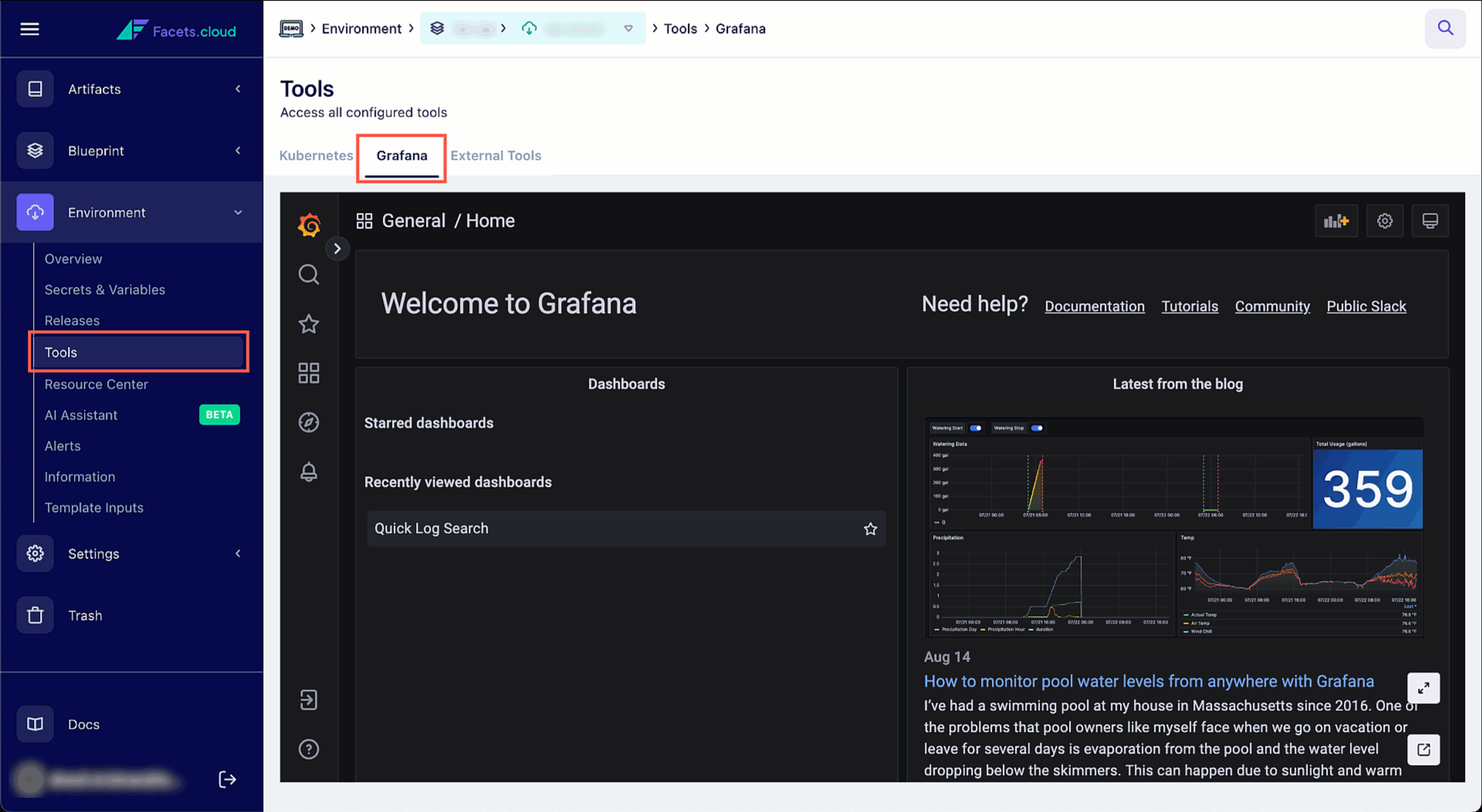 Facets dashboard reflecting ease of integrating grafana loki with facets