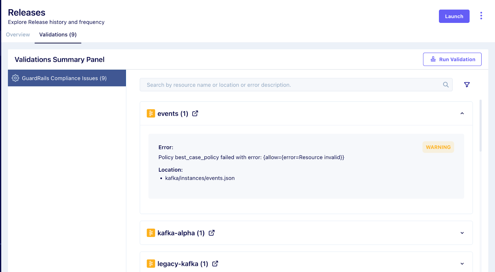 steps about how a user can receive feedback on policy violations in the Facet's validations panel