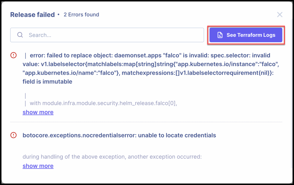 Revamped Error logging UI for failed Releases (Click on the image to expand)