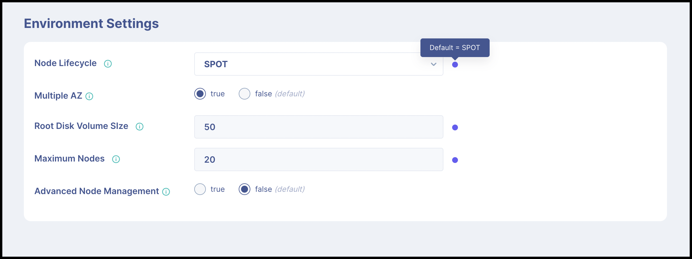 Default Values for Environment Settings (Click on the image to expand)