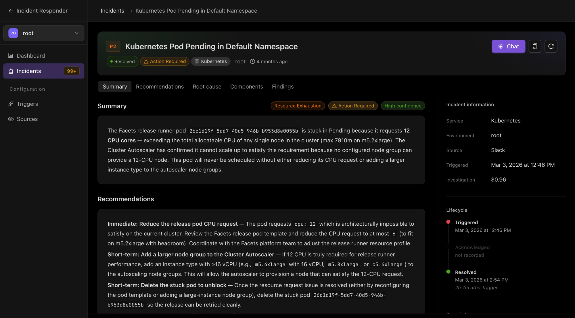 Incident detail page showing the investigation summary, recommendations, and incident metadata sidebar