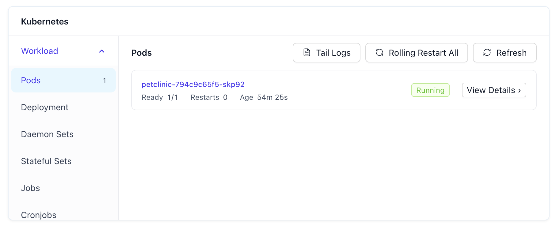 Kubernetes dashboard in the Facets Live tab showing workloads, storage, and autoscaling for a resource