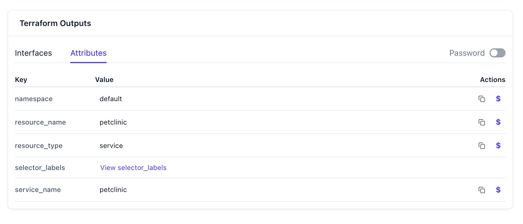 Terraform outputs in the Facets Live tab with action buttons to copy names and dollar references