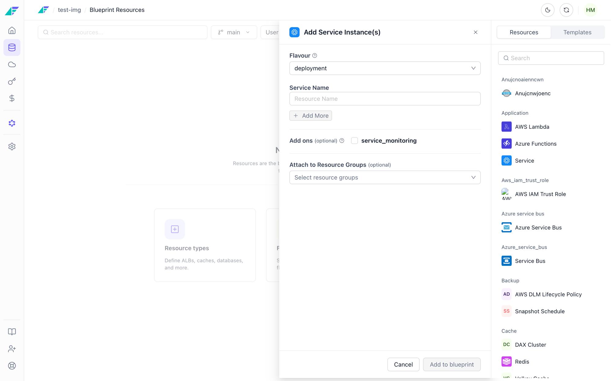 Creating a Service resource in the Facets Blueprint tab